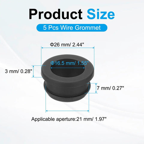 Set Of 5 Silicone Wire Grommets For 21mm Mounting Hole, 26mm Top Diameter, 3mm Thick, 16.5mm Inner Hole size diagram
