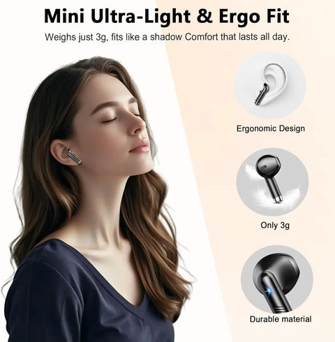 Woman wearing Dope Wireless Earbuds with Bluetooth 5.4 and ENC Noise Cancelling Mics, mini ergonomic design, 3g lightweight fit