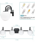 Black Mid Century Vanity Lights With Milk White Glass Globes, 4 Light Wall Sconce Bar For Over Mirror, Vintage Bathroom Fixture With Vibe, Dimmable Ready, Bulbs Not Included, Ideal For Vanity, Bathroom, Kitchen, Hallway. Side and front view with bulb size chart.
