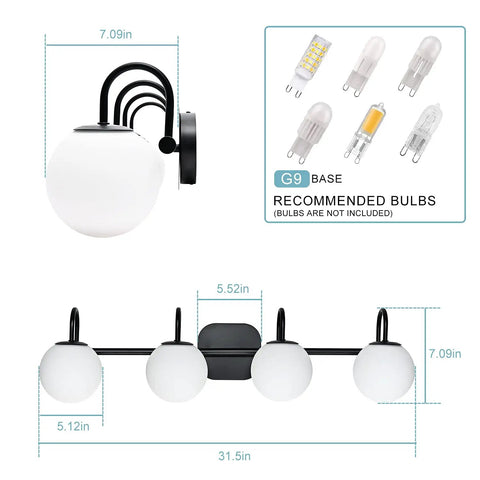 Black Mid Century Vanity Lights With Milk White Glass Globes, 4 Light Wall Sconce Bar For Over Mirror, Vintage Bathroom Fixture With Vibe, Dimmable Ready, Bulbs Not Included, Ideal For Vanity, Bathroom, Kitchen, Hallway. Side and front view with bulb size chart.