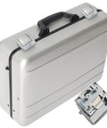 Silver suitcase with keyless alloy latch buckle set for wooden boxes and aluminum trunk luggage repair, including screws.