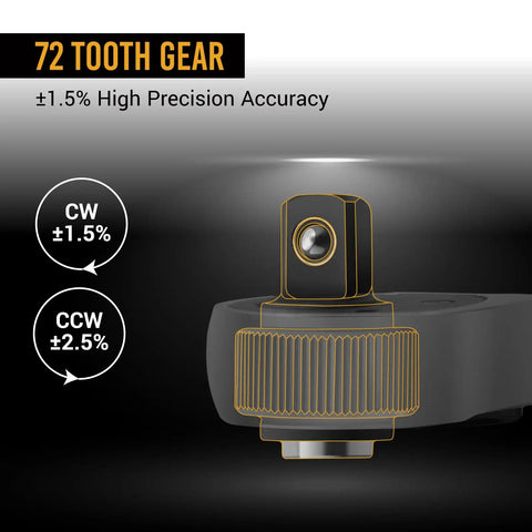 Close-up of the 72 tooth gear on the Half Inch Drive Digital Torque Wrench With LED Display And Audible Beep, 10 To 200 Nm.
