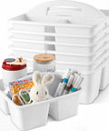 Six Pack Three Compartment Plastic Classroom Organizer With Handle White Caddy filled with craft supplies on a desk