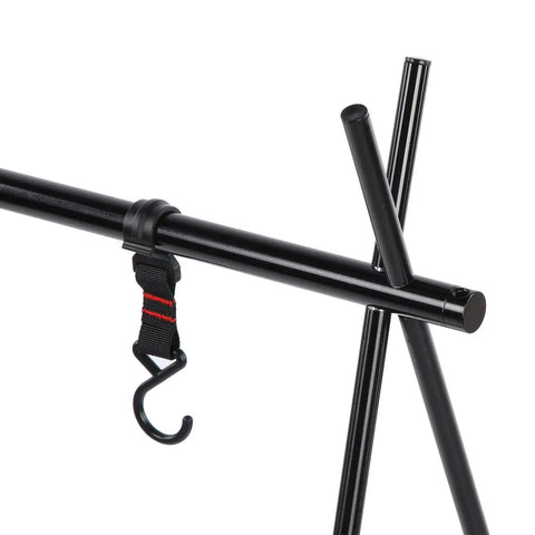 Close-up of Portable Aluminum Camping Storage Hook Rack With Six Hooks Foldable Tripod Design for Mountaineering and BBQ Tools