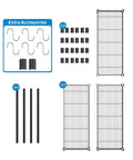 Extra accessories for Adjustable Three Tier Metal Wire Shelving Unit In Sleek Black With Flexible Height Configuration including hooks and poles.