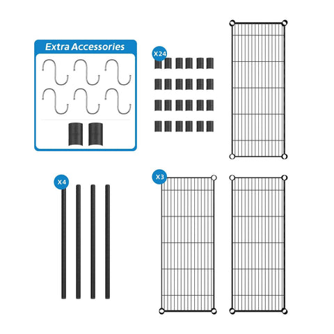Extra accessories for Adjustable Three Tier Metal Wire Shelving Unit In Sleek Black With Flexible Height Configuration including hooks and poles.