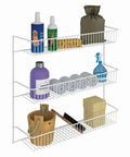Top Shelf 3 Tier Wall Mounted Metal Rack For Kitchen Pantry Organization Keeps Your Space Slick With Rock Solid Storage For Cans Cleaners And Toiletries In A Clean White Build with cleaning supplies and towels.