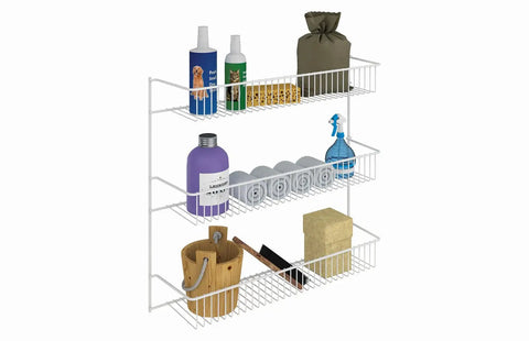 Top Shelf 3 Tier Wall Mounted Metal Rack For Kitchen Pantry Organization Keeps Your Space Slick With Rock Solid Storage For Cans Cleaners And Toiletries In A Clean White Build with cleaning supplies and towels.