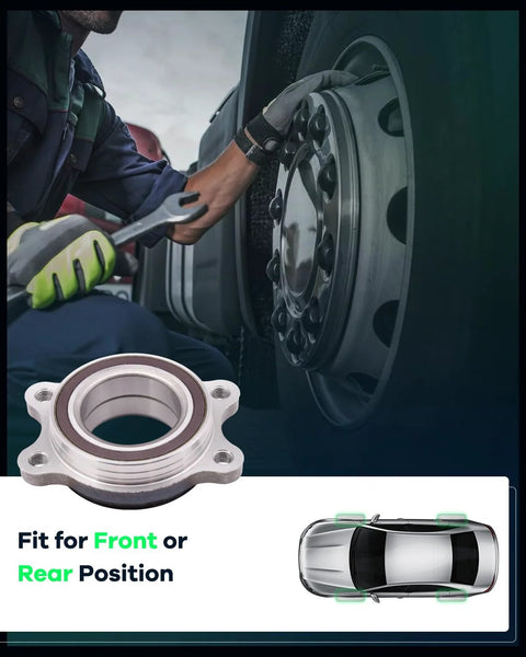 Two Pack Front Wheel Hub And Bearing Assembly For Audi A4 Allroad A4 Quattro A5 Quattro A7 Quattro A8 Quattro RS5 RS7 S6 S7 2009 To 2016 Replacement Kit With Drop-In Fit And High Quality Wheel Bearing Module For Smooth Rolling, showing installation on vehicle.