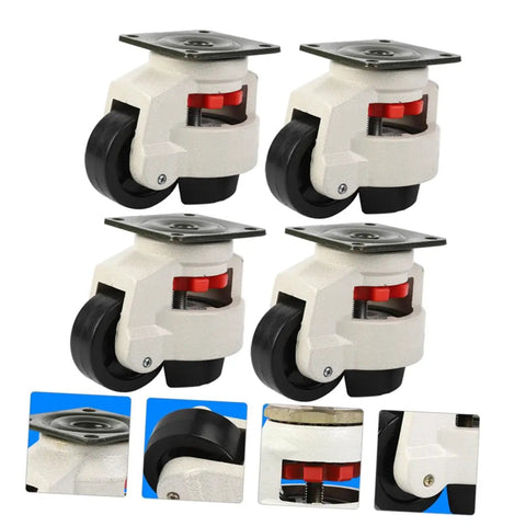 Four Piece Heavy Duty Swivel Casters Set With 3 Inch Height Adjustable Plate Casters And Leveling Feet Industrial Workbench Wheels For Furniture And Equipment Built Tough And Easy To Roll, four casters shown