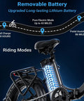Beast Electric Bike For Adults With 1800W Peak Motor, 86 Mile Range, showcasing removable battery and riding modes diagram
