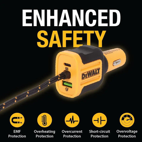 Heavy Duty Multi Port Usb Car Charger With Pd 30 Watt Fast Charging and Quick Charge Tech, yellow and black with braided cable.