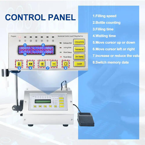 Control panel of Compact Digital Control Liquid Filling Machine 5 To 3500ml With Pedal Or Auto Modes, displaying settings