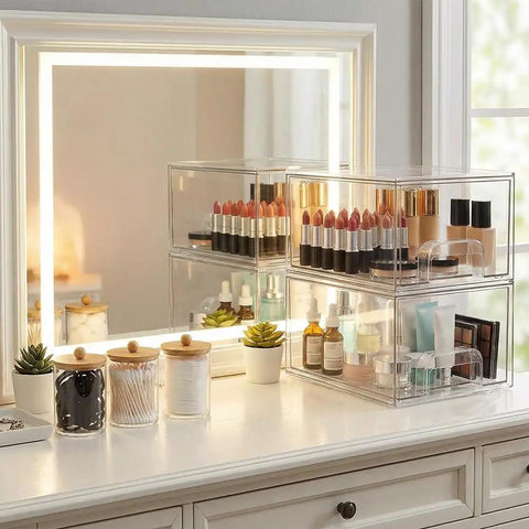 Clear Stackable Storage Drawers And Q Tip Holder Dispenser With Bamboo Lids Space Saving Pro Grade Acrylic Drawer Containers Plastic Organizer Bins For Makeup Bathroom Cabinets Undersink displayed on vanity