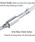 Brake Bleeder Hose Kit With One Way Check Valve For Motorcycle Clutch Bleeding Corrosion Resistant Aluminum Body Easy Clip Connection Air Blocking Tube Tool For Quick Mess Free Brake Fluid Release showing aluminum body and check valve.