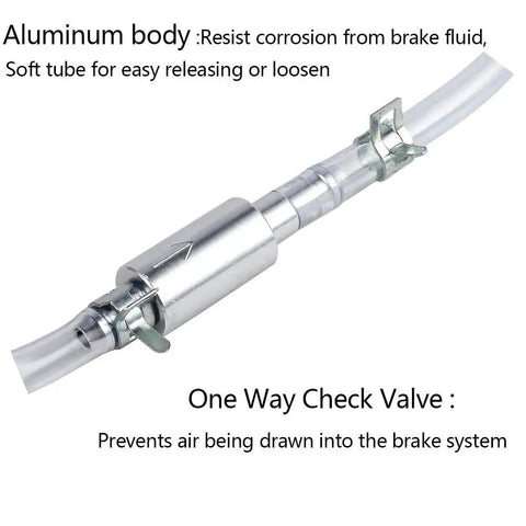 Brake Bleeder Hose Kit With One Way Check Valve For Motorcycle Clutch Bleeding Corrosion Resistant Aluminum Body Easy Clip Connection Air Blocking Tube Tool For Quick Mess Free Brake Fluid Release showing aluminum body and check valve.