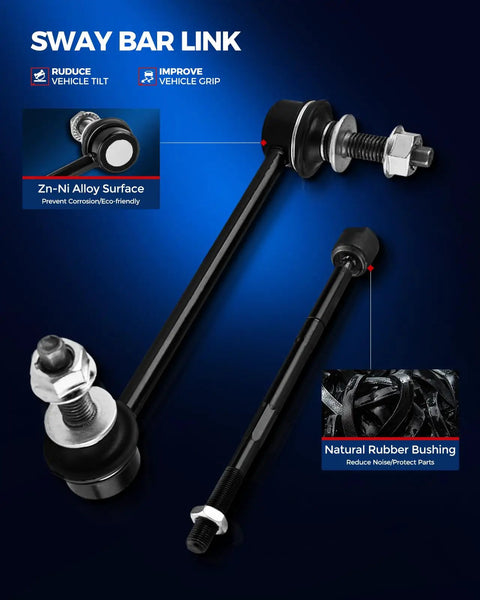 Sway bar link with Zn-Ni alloy surface and natural rubber bushing, shown to improve vehicle grip and reduce tilt.
