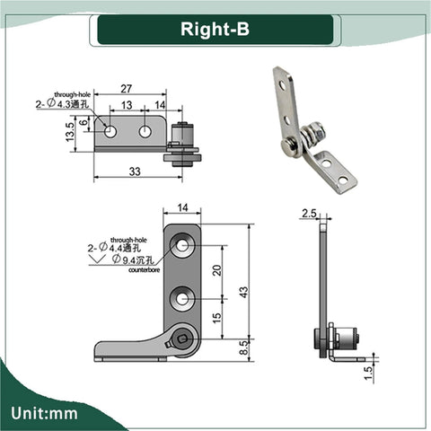 Right-B 304 stainless steel torque-damping hinge, adjustable 2.5 N·m; front and side views with mounting holes