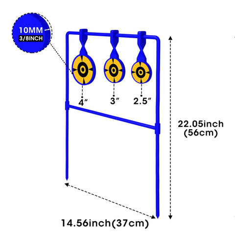 Beefy Three Eighths Inch Auto Reset Spinner Target For Centerfire Handguns Up To.44 Magnum with three yellow spinning plates.