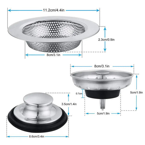Diagram of Six Pack Stainless Steel Kitchen Sink Drain Strainer Set With Anti Clogging Basket Stopper, showing measurements