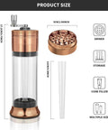 3-In-1 Spice Grinder With Hand Crank, Roller Crusher And Cone Filler shown with size dimensions and copper color aluminum body.