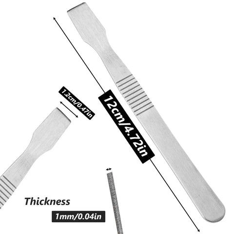 Close-up of a stainless steel pry tool from the 5 Piece Pro Flathead Pry Tool Set For Screen Opening And Repairs, dimensions shown.
