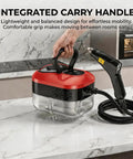 Heavy Duty Handheld Steam Cleaner Generating Scalding 2500W Heat To Blast Away Stubborn Kitchen Grease Bathroom Grout And Auto Upholstery With Multi Function Brush Kit, featuring integrated carry handle.