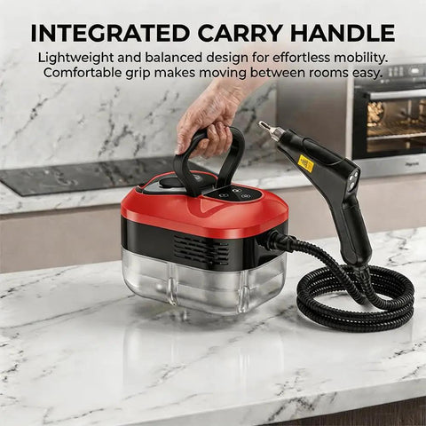 Heavy Duty Handheld Steam Cleaner Generating Scalding 2500W Heat To Blast Away Stubborn Kitchen Grease Bathroom Grout And Auto Upholstery With Multi Function Brush Kit, featuring integrated carry handle.