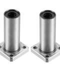 Front view of two uxcell LMK10UU extra long square flange linear ball bearings, 10mm bore, 19mm OD, 55mm length; pack of 2