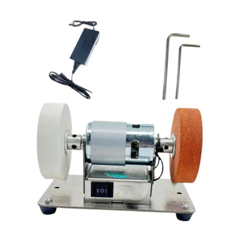Compact Mini Belt Sander With High Power Motor And Adjustable Speed Options From 3000 To 6000 Rpm on a metallic base with two wheels and charger.