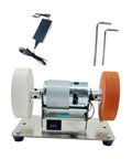Mini Belt Sander Bench Grinder With Adjustable Speed High Power Copper Motor Low Noise Polishing Machine For DIY Woodworking Metal Projects with two wheels and power adapter.