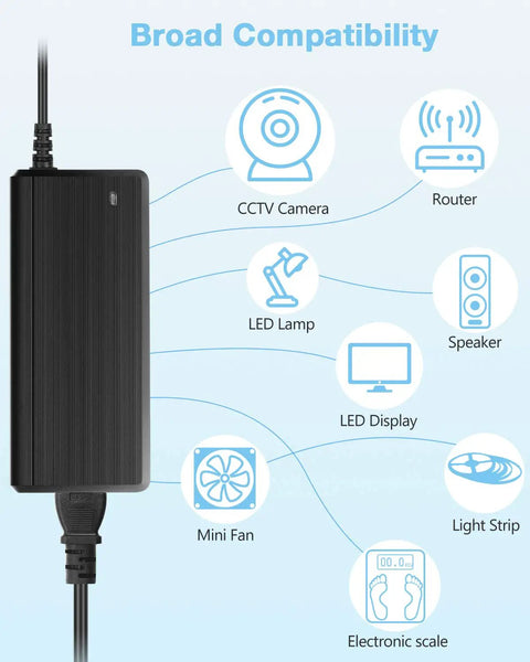 Beefy 5V 10A 50W LED Power Supply Adapter with plug, compatible with CCTV, routers, LED lamps, speakers, displays, light strips, fans.