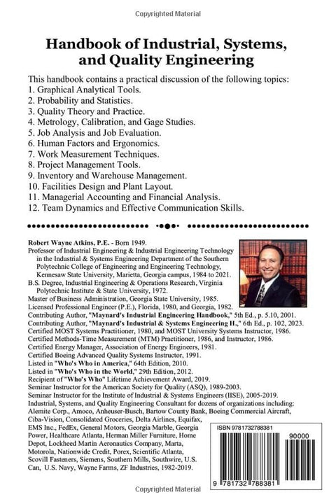 Book back cover for Handbook of Industrial, Systems, and Quality Engineering by Amazon; includes contents list and author photo.
