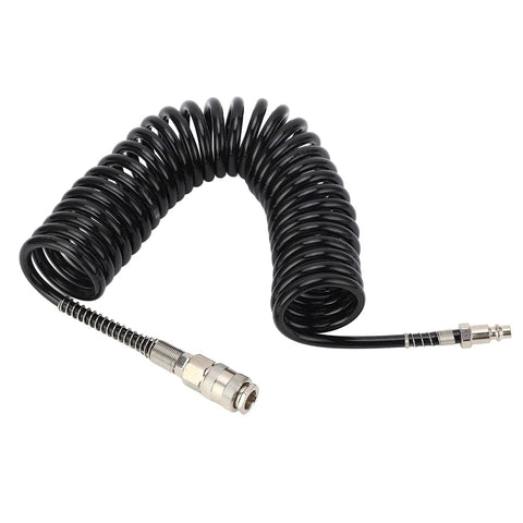 Kick Ass Flexible 6 Meter Coiled Air Hose Extender Reel For Air Compressors Ultimate Heavy Duty No Kink Solution For Tire Inflation And Workshop Tools Leak Proof Braided Steel Construction Super Tough Gear For Home Garage Use, black coiled hose with metal fittings