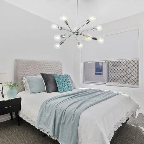 Bedroom with Six Light Sputnik Chrome Pendant Chandelier For Kitchen And Dining, adjustable height, mid-century modern style