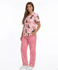 Woman wearing Dachshund Print Scrubs Set For Women All Day Comfort Tops And Pants Multi Profession Nurse Uniform Perfect For Nurses.