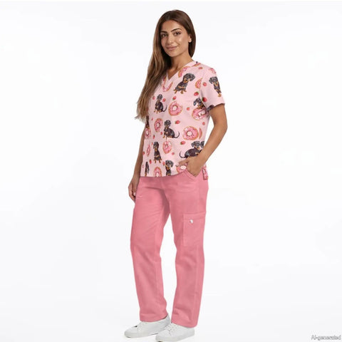 Woman wearing Dachshund Print Scrubs Set For Women All Day Comfort Tops And Pants Multi Profession Nurse Uniform Perfect For Nurses.