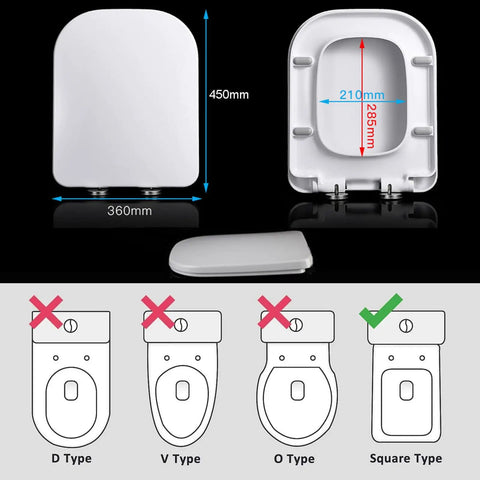 Heavy Duty Square Toilet Seat Featuring Silent Soft Close Lids No Fuss Hardware Thick Durable Polypropylene Build For Smooth Non Slamming Bathroom Comfort Daily, dimensions 360mm x 450mm.