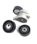 Premium Drive Belt Tensioner Pulley Assembly Fits BMW 323Ci 325i 328Ci 330i 525i 528i M3 X5 Z3 Z4 To Fix Sliding Serpentine Belt And Keep Your Engine Smokin' Hot With VKM38004 Replacement Kit. Black pulley set and silver tensioner assembly on white background.