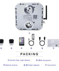 Ultra Bright 32W Dual Color RGBW Twinkle Light Engine Kit with Remote App Control, Dual Port Starlight Box Motor, accessories shown