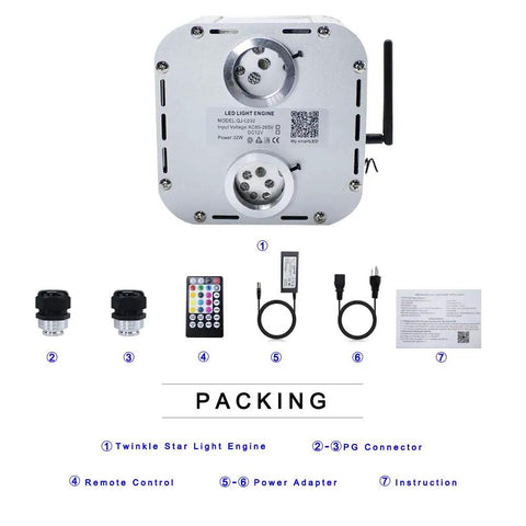 Ultra Bright 32W Dual Color RGBW Twinkle Light Engine Kit with Remote App Control, Dual Port Starlight Box Motor, accessories shown