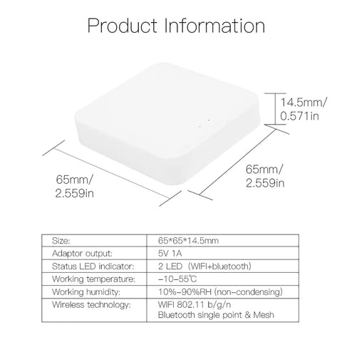 Diagram of Bluetooth Mesh Gateway For Smart Locks And Tuya Devices, Remote App And Voice Control, WiFi And Bluetooth Hub dimensions.