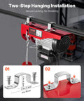 Electric Hoist 1320 Lb Capacity 120V Winch With 328 Ft Wireless Remote and 14 Ft Wired Remote on secure red hanging bar