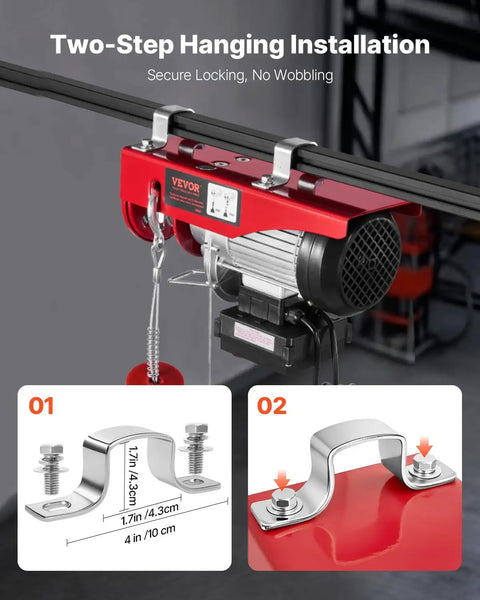 Electric Hoist 1320 Lb Capacity 120V Winch With 328 Ft Wireless Remote and 14 Ft Wired Remote on secure red hanging bar