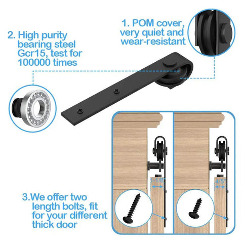 Detailed components of 2.5 Foot Sliding Barn Door Hardware Kit for single cabinets and small closets with J shape hanger.