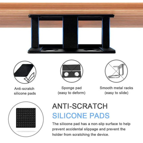 Under Desk Laptop Mount With Adhesive And Screws Aluminum Shelf Holder For Laptop And Accessories Anti Scratch Silicone Pads Protect Your Gear Fits Mac Mini MacBook Keyboard Cable Box Modem And More, showing design features and silicone pads.