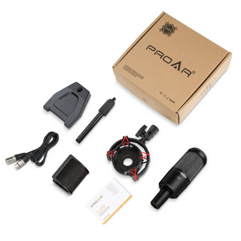 XLR Podcast Microphone Professional Cardioid Condenser Mic Kit With Desktop Stand and accessories displayed with packaging