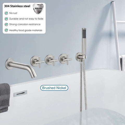Brushed Nickel Wall Mount Tub Filler With 3 Handles Handheld Shower Waterfall Spout Valve Trim Kit installed over white tub.