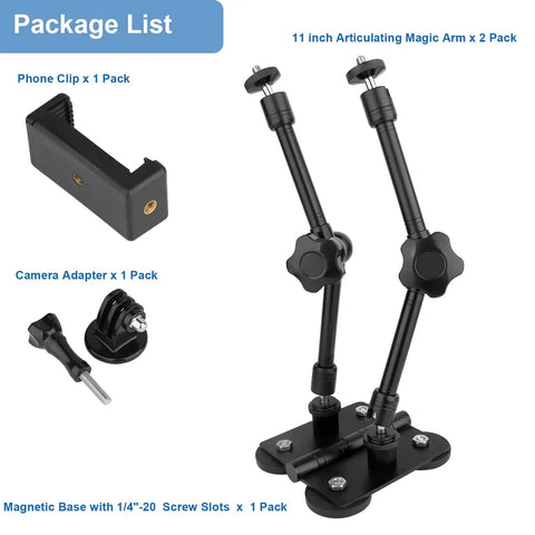 Magnetic Camera Fence Mount for GoPro, Mevo Start and iPhone with dual magic arms and accessories displayed
