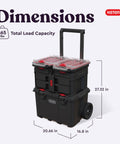 Four Piece Rolling Tool Storage System With Large Rolling Toolbox And Two Drawer Toolbox And Two Tray Organizers Interlocking Modular Stackable Tool Storage On Wheels For Garage And Shop, dimensions labeled